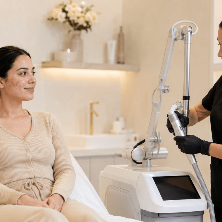 Patient with facial acne preparing for an aesthetic skin treatment