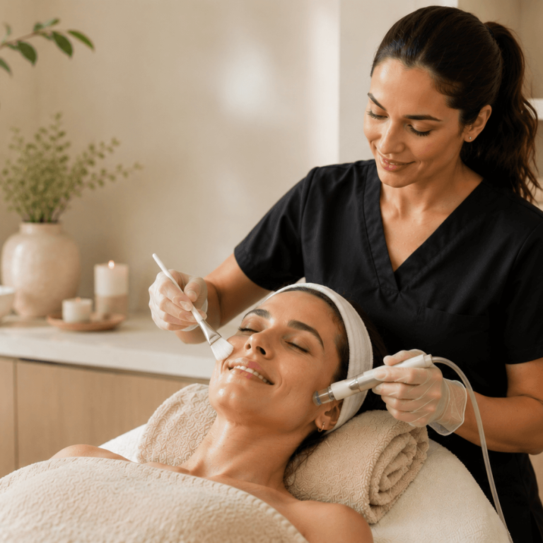 Aesthetic provider performing a facial skin treatment on a patient