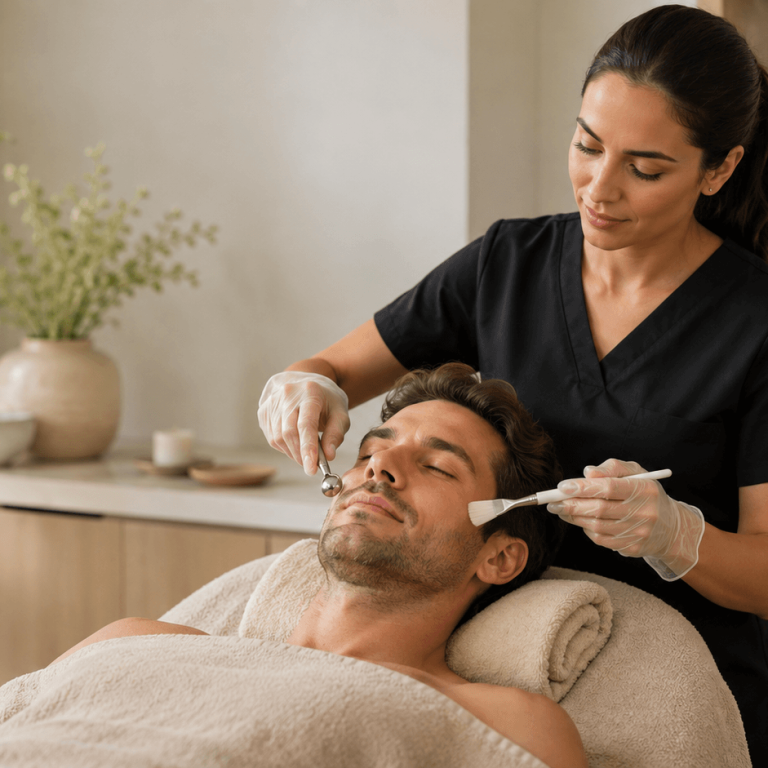 Male patient receiving a professional facial treatment at a med spa