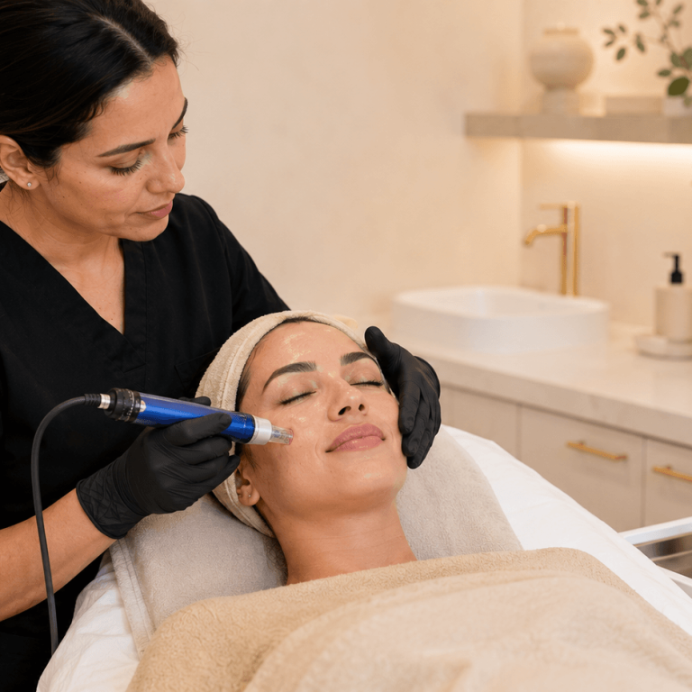 Aesthetic provider performing a microneedling treatment on a patient's cheek