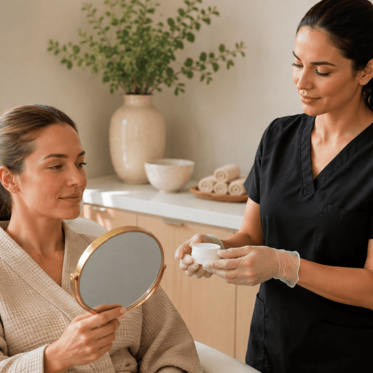 Patient looking in a mirror while an aesthetic provider offers skincare