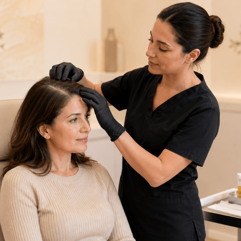 Aesthetic provider examining a patient's scalp during a consultation