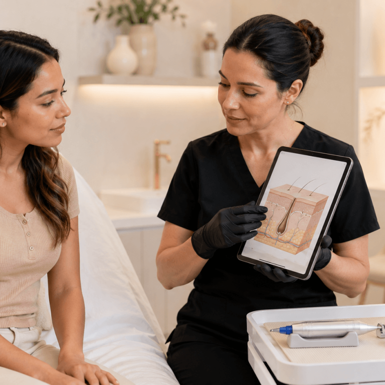 Aesthetic provider explaining skin anatomy to a patient during a consultation
