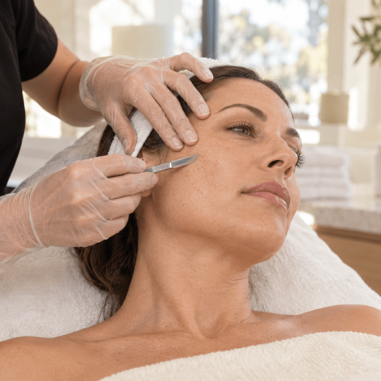 Skincare professional performing a dermaplaning treatment on a woman's cheek.