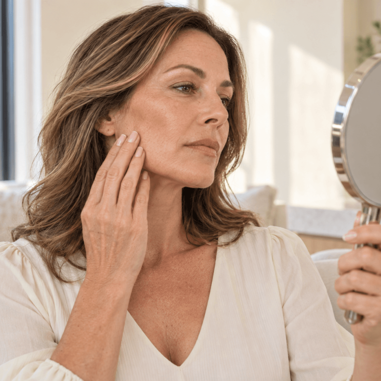 Woman examining the skin on her cheek and jawline in a handheld mirror.
