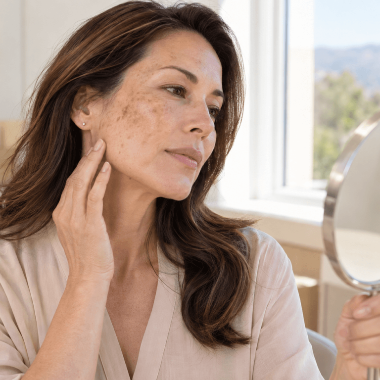 Woman examining visible dark spots and pigmentation on her cheek in a mirror.