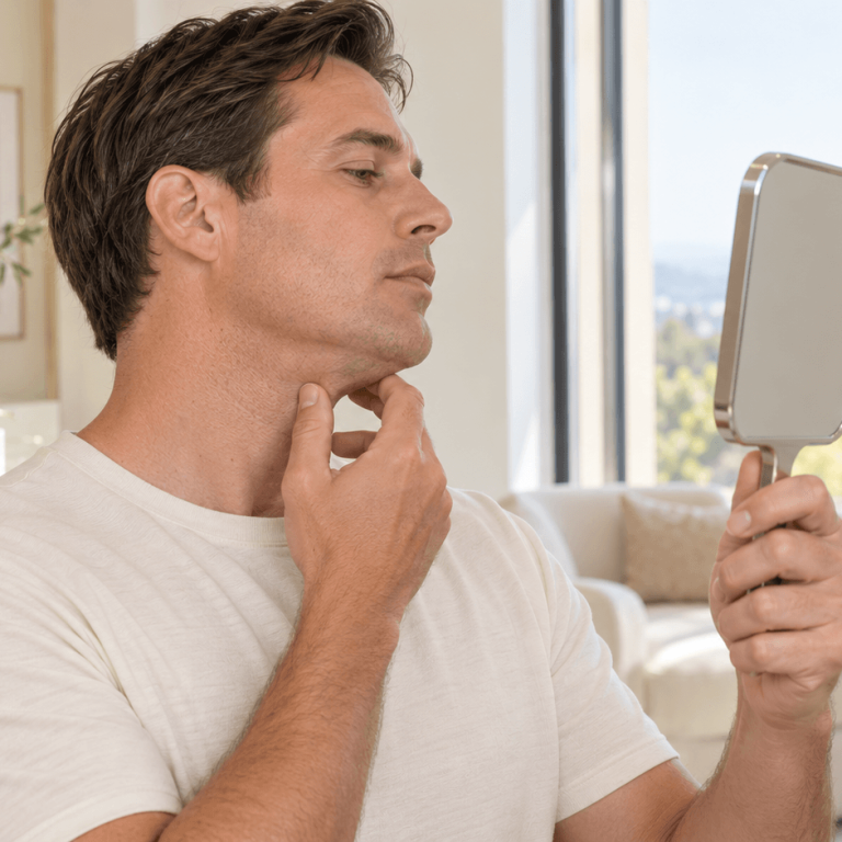 Man examining the skin along his jawline while looking in a handheld mirror.