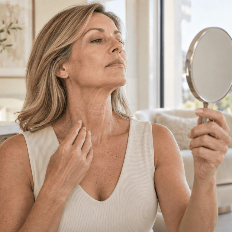 Mature woman examining the skin on her neck while looking in a handheld mirror.