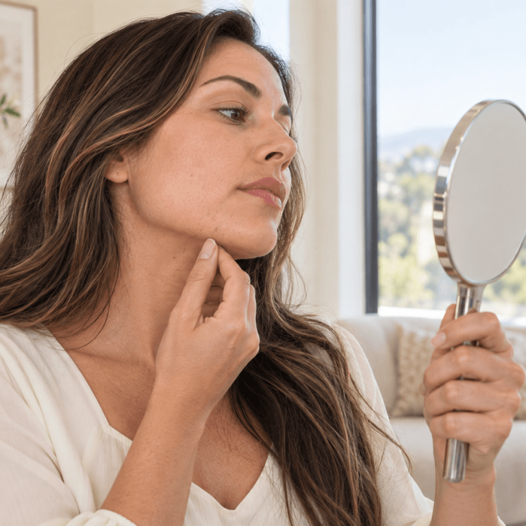 Woman examining the skin along her jawline in a handheld mirror.